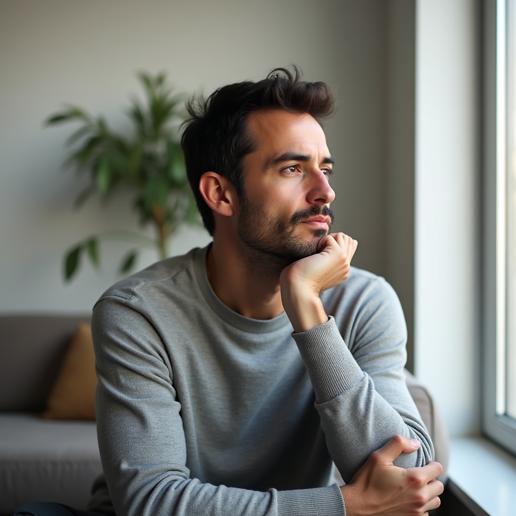 Person sitting thoughtfully near a window, looking inward with calm expression, soft morning light