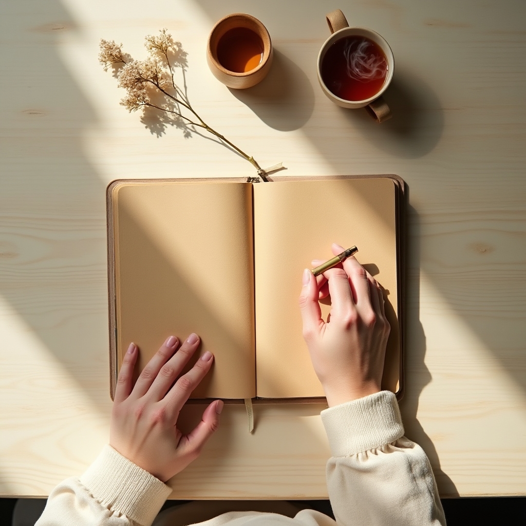 Person writing calmly in a notebook beside a cup of tea, soft warm light, contemplative and peaceful atmosphere