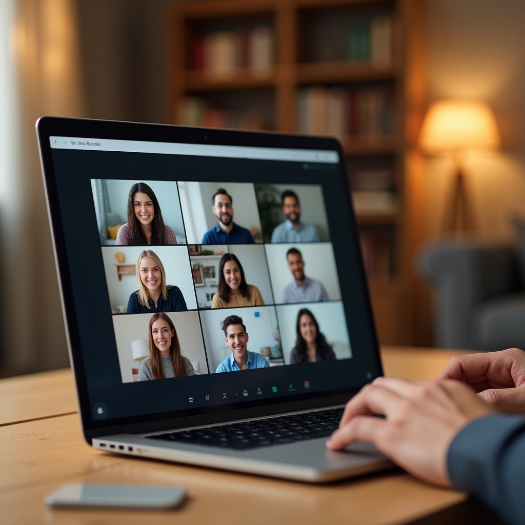 Group of diverse adults engaged in a calm online discussion, multiple small video windows, warm lighting