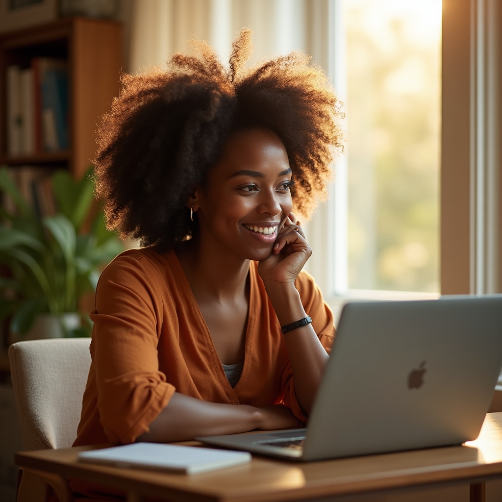 Person engaging thoughtfully with an online forum on a laptop in a quiet home environment, warm afternoon light