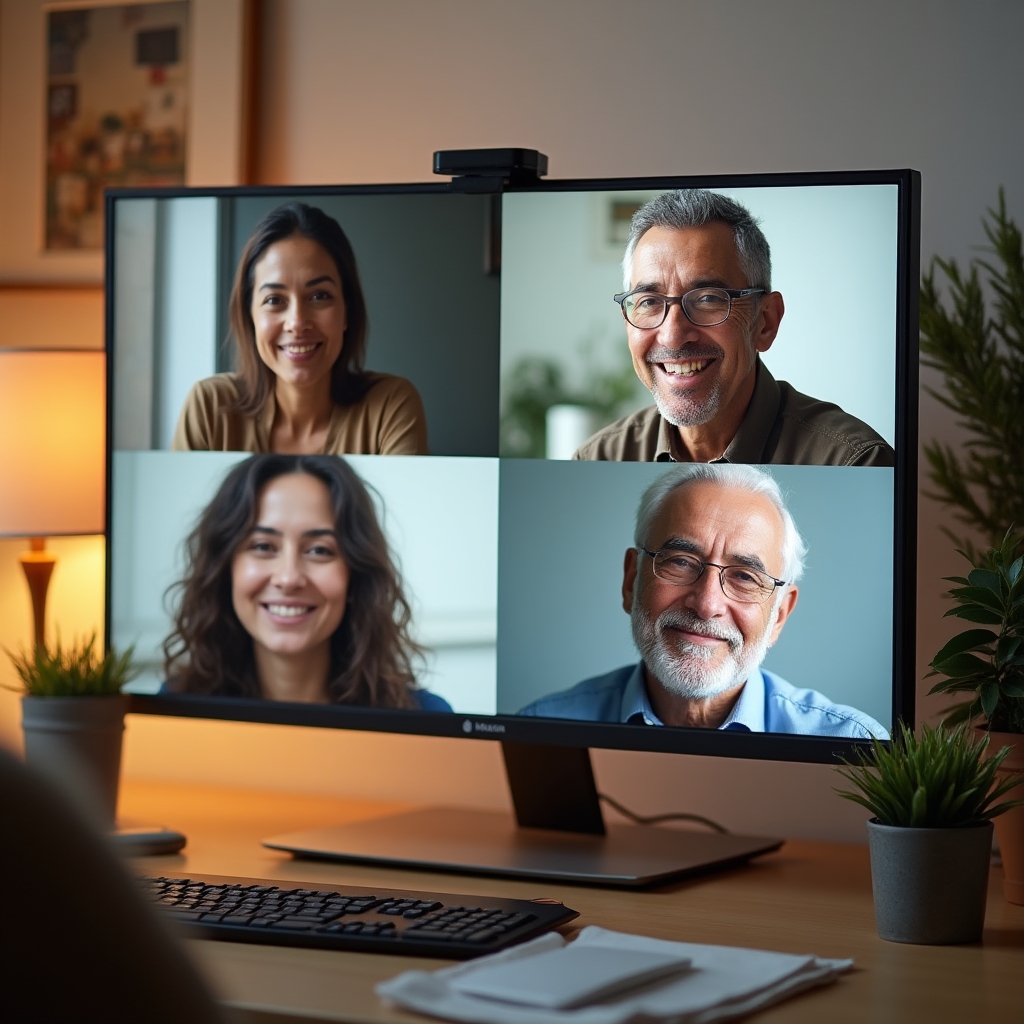 Diverse group of four adults in a light-filled video call, relaxed expressions, sense of genuine connection and warmth