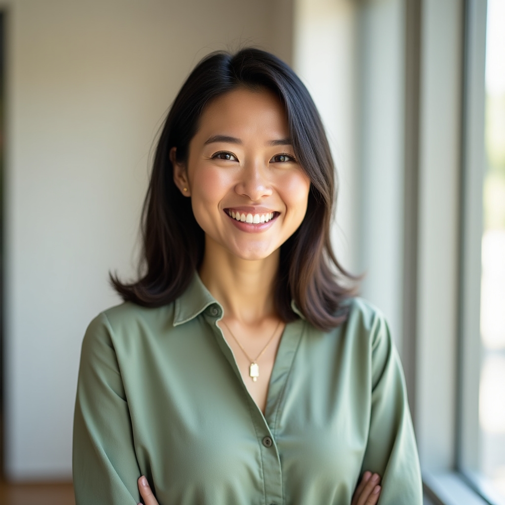Diana Chen, adult education specialist, engaged expression, relaxed professional appearance