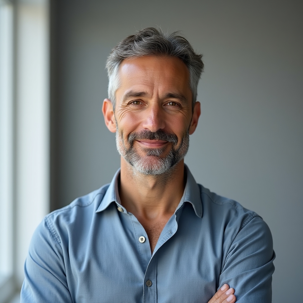 Marek Nowak, financial awareness coach, thoughtful expression, smart casual clothing