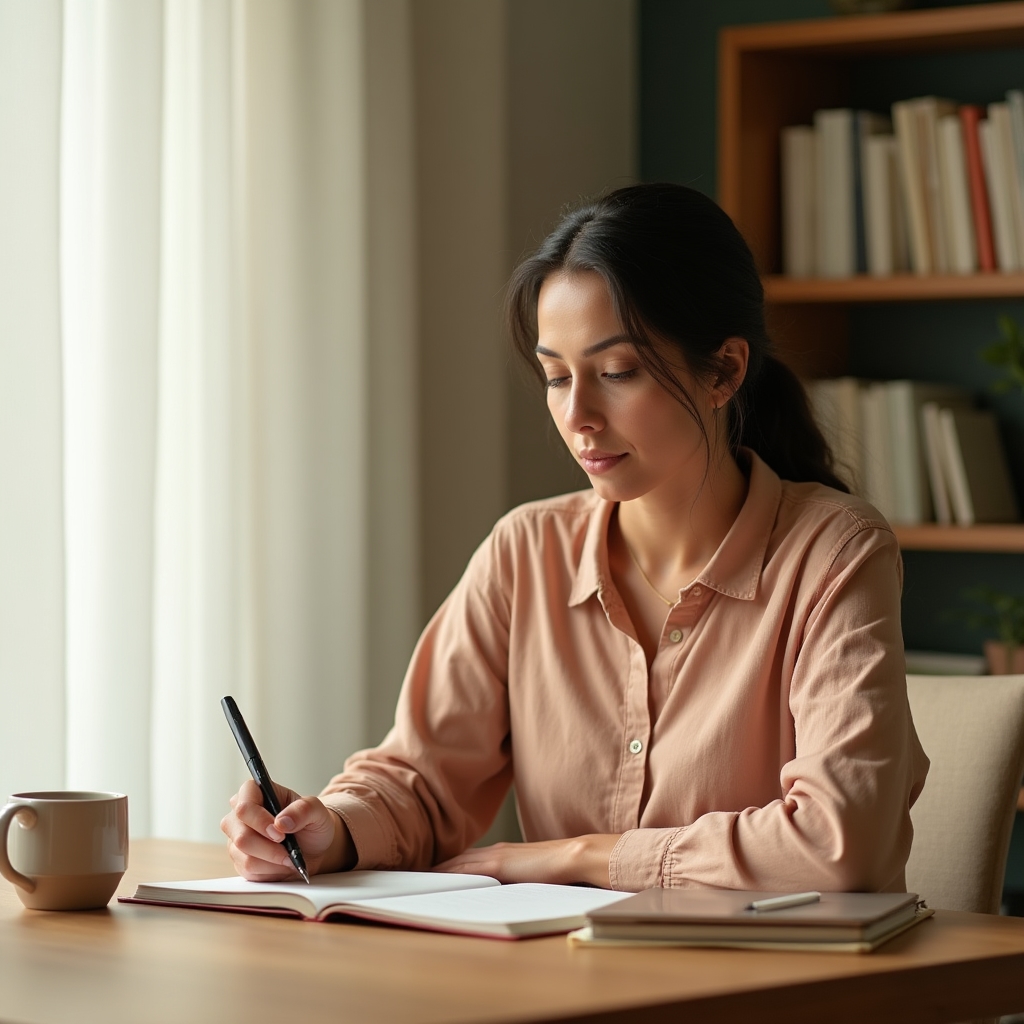 Person sitting calmly at a bright desk, noticing their finances with curiosity rather than anxiety