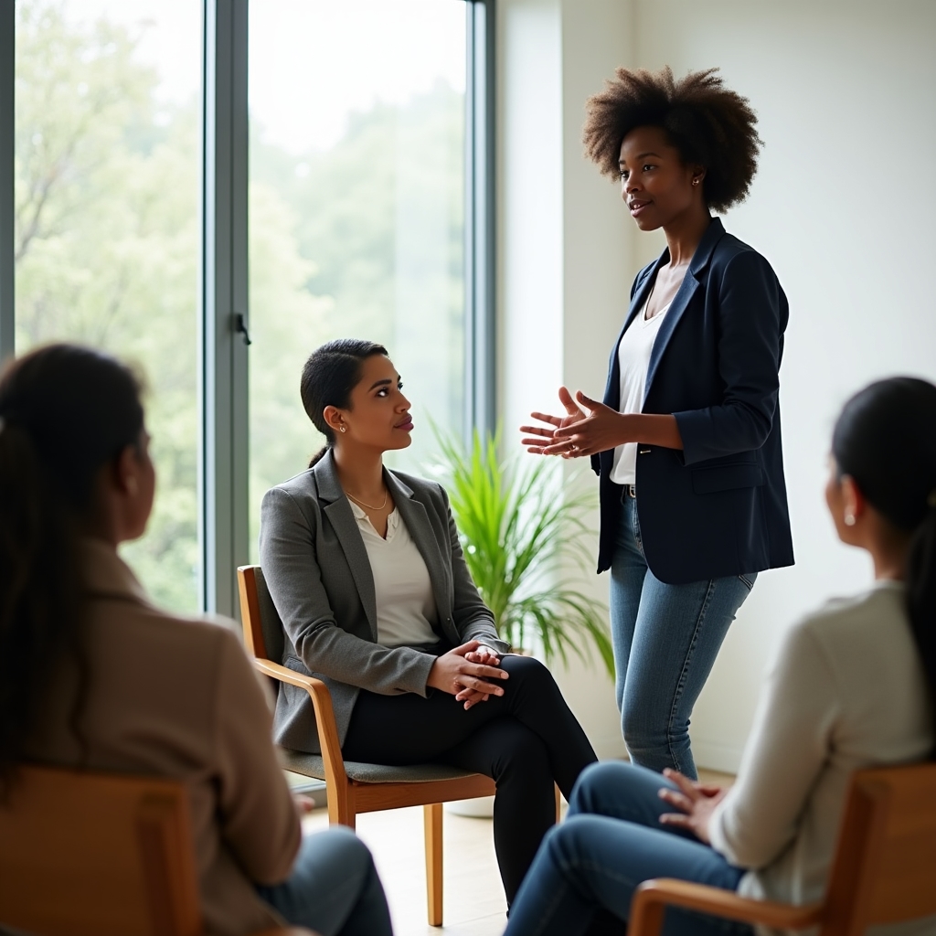 Facilitator leading a calm group session, attentive participants, soft natural lighting in a modern setting
